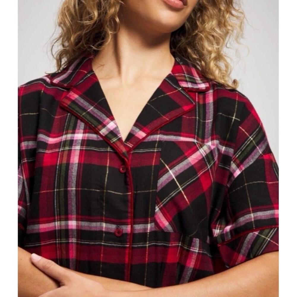 Soma Flannel Plaid Pajama Top Notch Collar Gold Accent Sleep Shirt Size XL